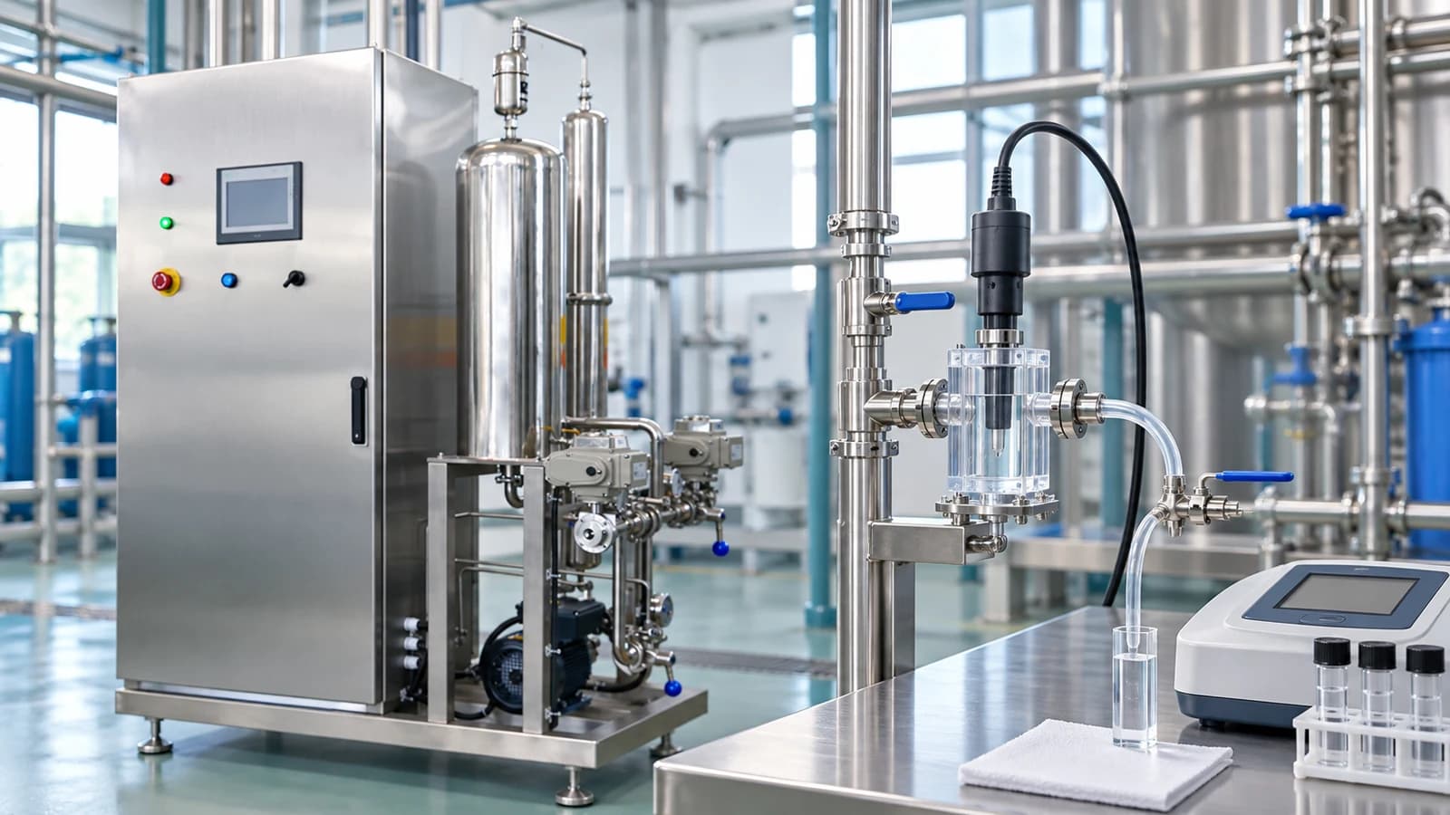 Industrial dissolved-ozone measurement loop with a flow-cell sensor and independent water sample beside an ozonated-water skid