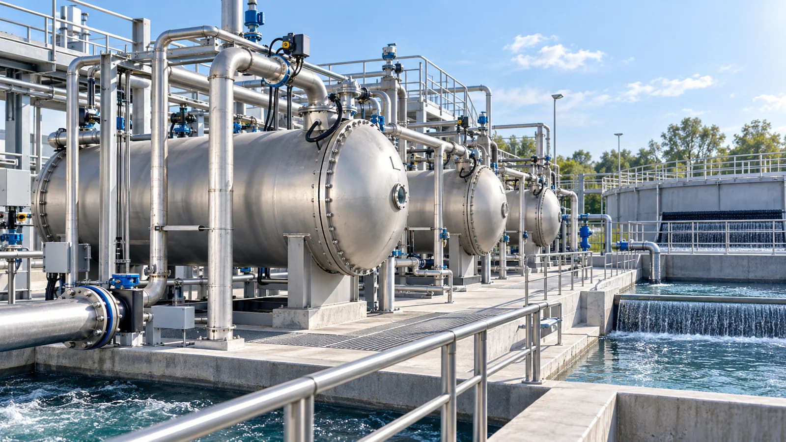 Engineering visualization of municipal wastewater ozone contact vessels connected to tertiary treatment and downstream filtration