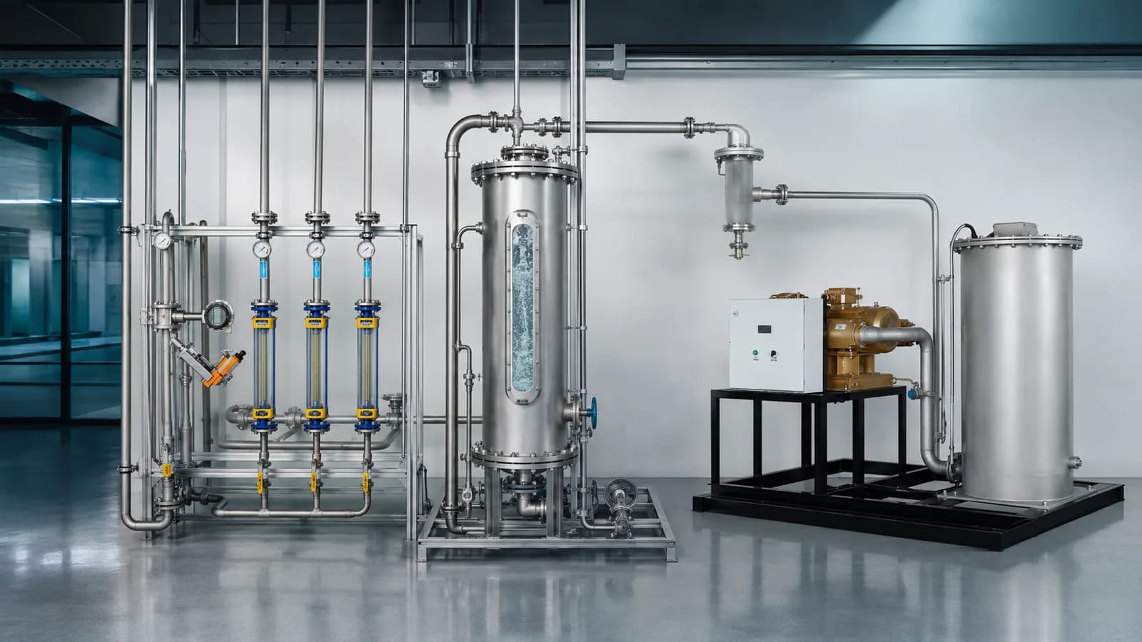 Engineering visualization of ozone dosing pipework, a water contact vessel and an off-gas destruction system