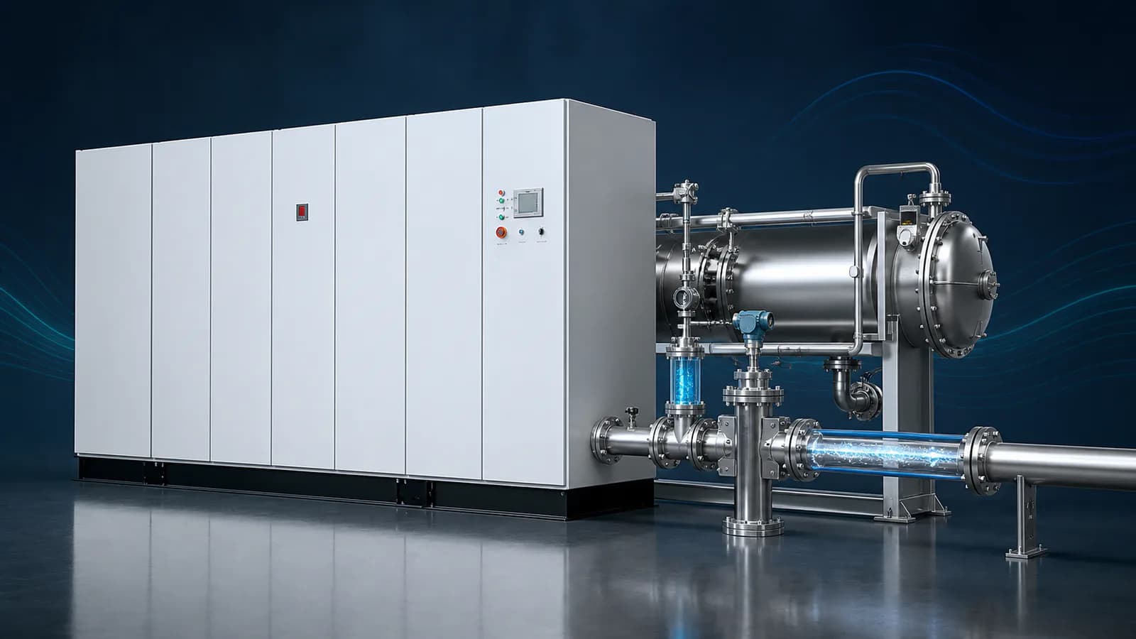 Engineering visualization of an industrial ozone generator with separate gas-concentration and product-flow measurement cues