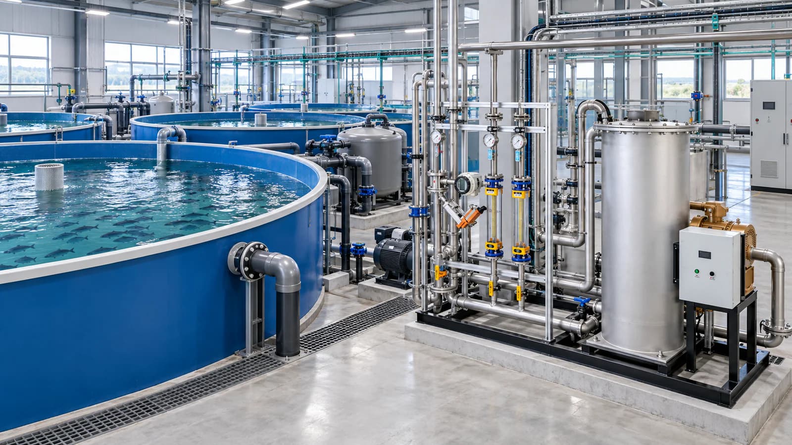 Engineering visualization of an indoor recirculating aquaculture facility with a separate instrumented ozone-treatment side stream